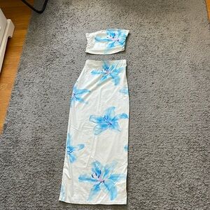White with blue flowers long skirt and strapless top set!